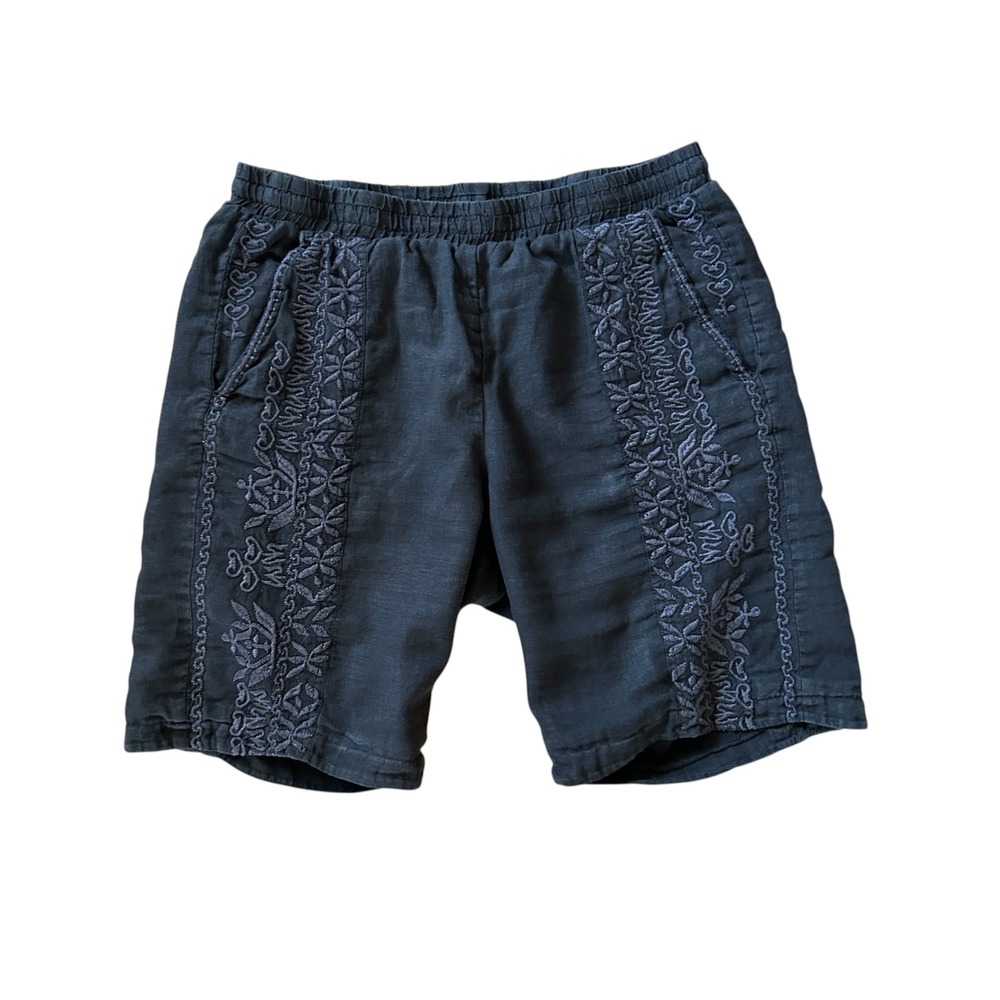 Johnny Was Women Black 100% Linen Embroidered Elastic Waist Shorts 8.5" inseam S